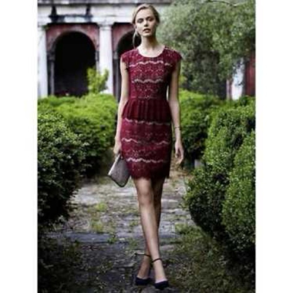 Anthropologie Maeve Elsa Lace Peplum Dress in cranberry extra small